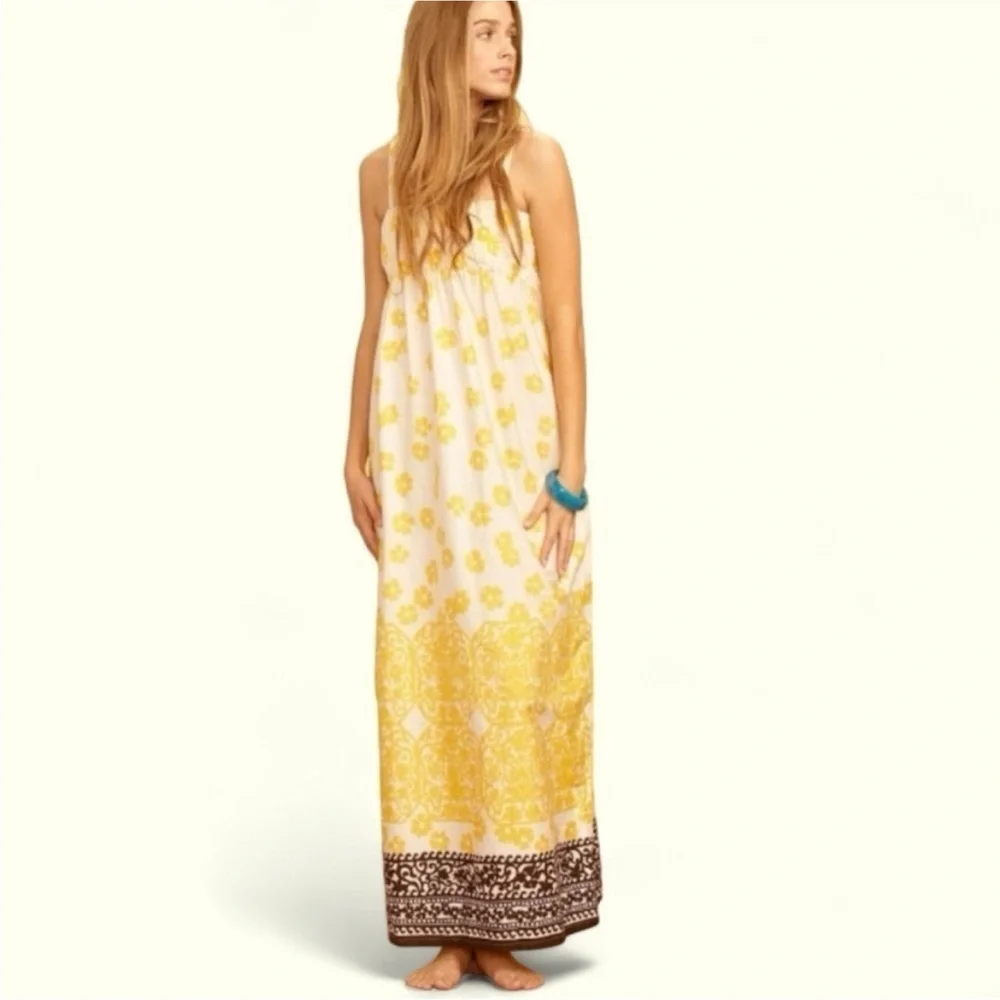 Vintage Roxy Maxi Sundress Yellow White Brown Floral Smocked Cotton Size Small - Picture 1 of 5
